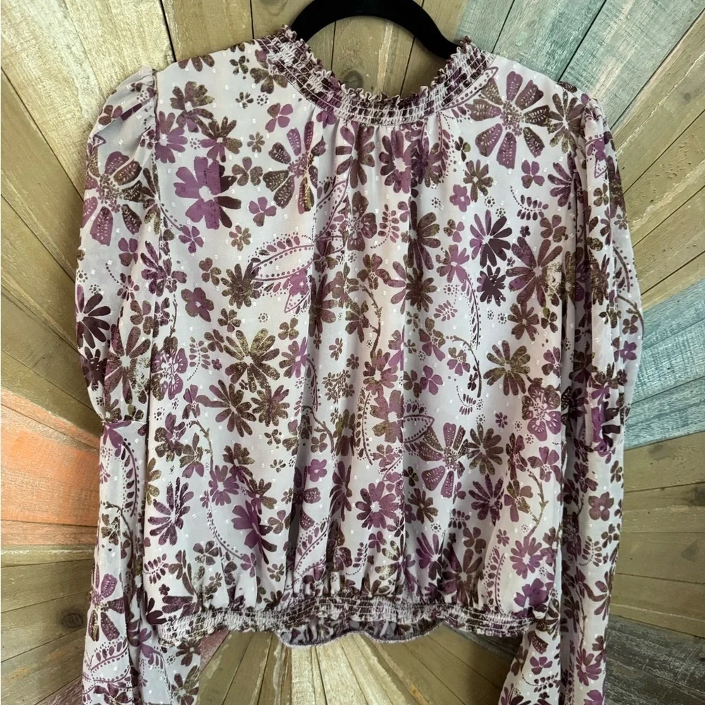 Free People Clarissa Floral Swiss Dot Printed Top Puff Sleeves Smocked Cuffs
